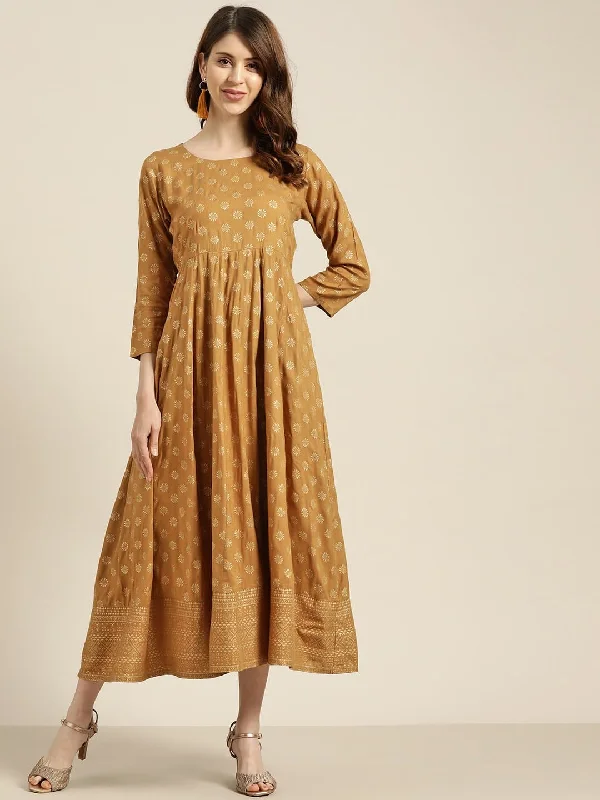 Mustard Foil Print Anarkali Maxi Dress Cozy Knitted Maxi Dress