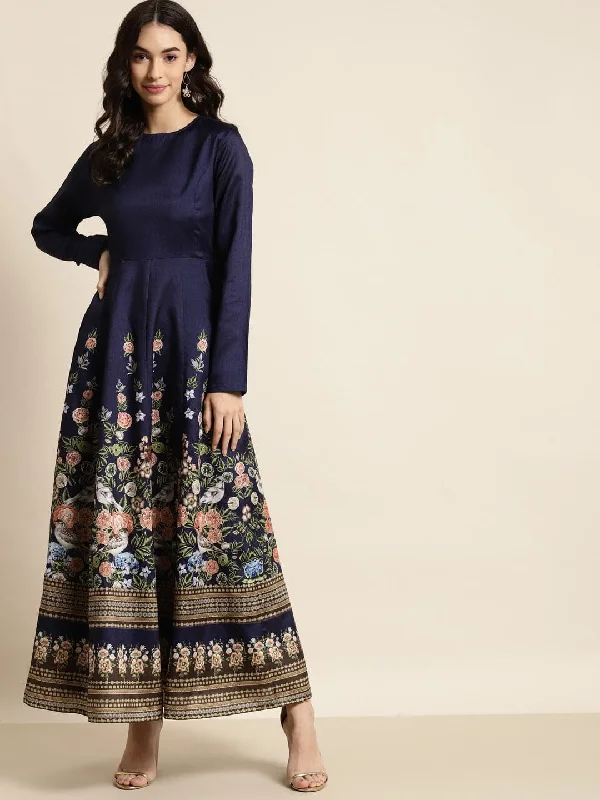 Navy Floral Full Sleeves Anarkali Maxi Dress Stylish A-Line Maxi Dress