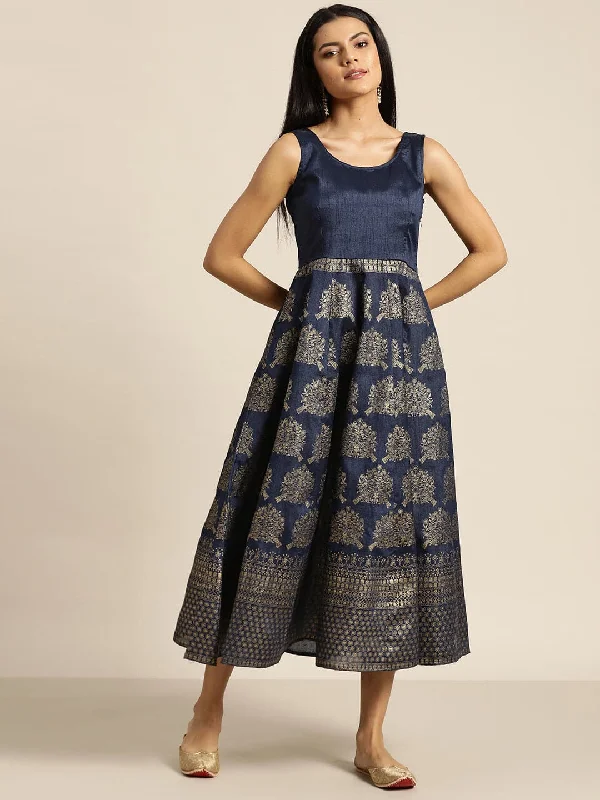 Navy Foil Print Sleeveless Anarkali Maxi Dress Comfortable Bohemian Maxi Dress