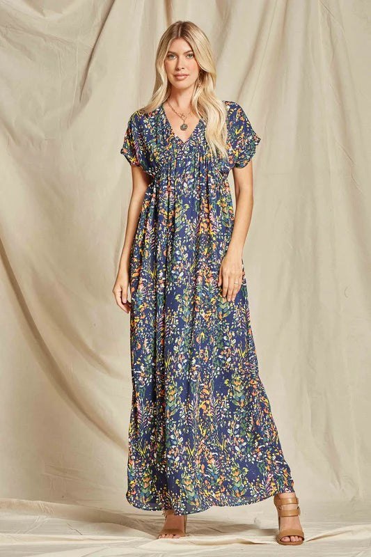 NAVY MULTI COLOR PRINT WOVEN MAXI DRESS Fashionable High-Waist Maxi Dress