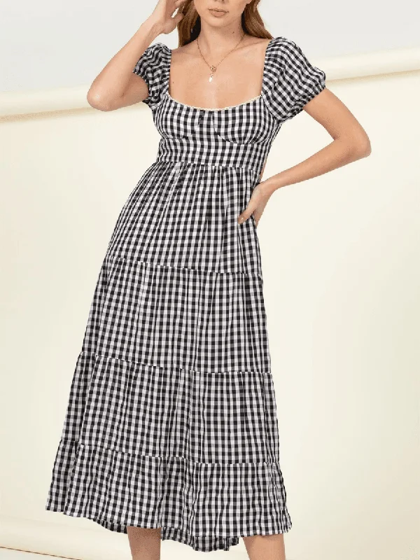 Open Back Gingham Maxi Dress Stylish V-Neck Maxi Dress