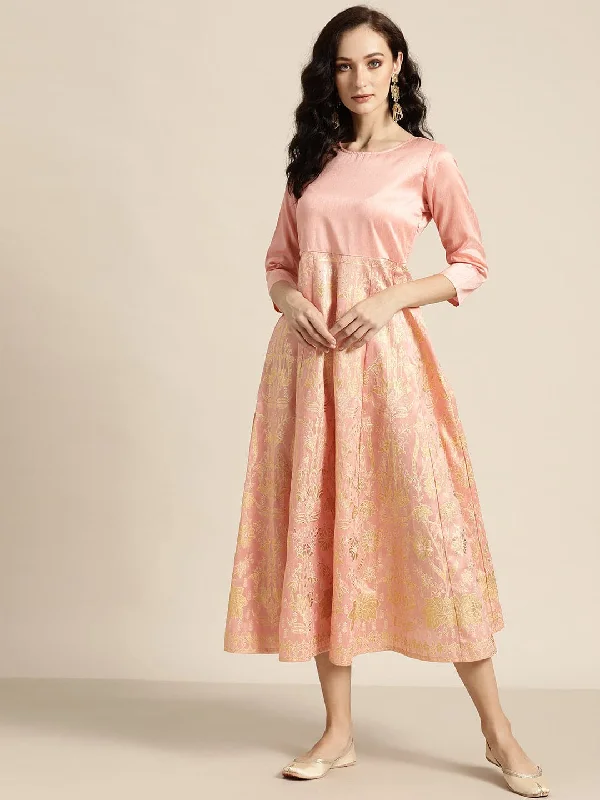 Peach Gold Foil Print Anarkali Maxi Dress Classic Black Maxi Dress