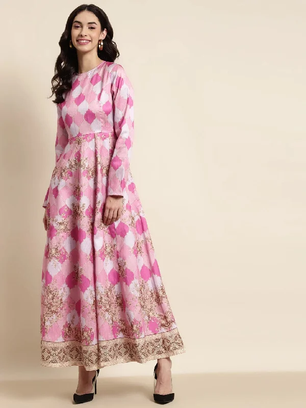 Pink Mughal Floral Full Sleeves Anarkali Maxi Dress Classic Solid Maxi Dress