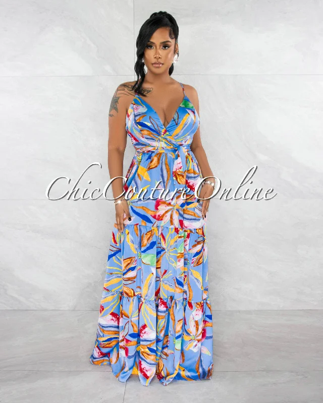 Poetry Periwinkle Floral Print Silky Low Back Maxi Dress Trendy Maxi Dress with Belt