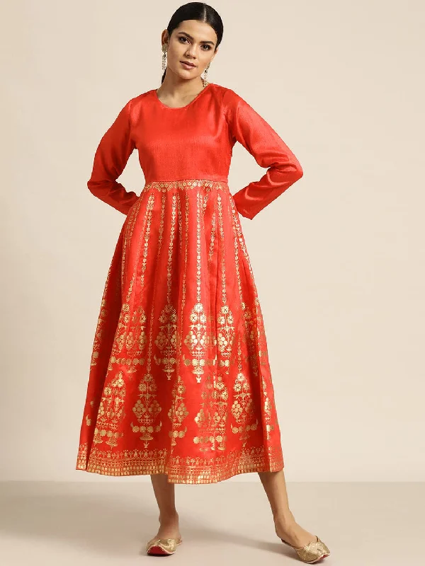 Red Gold Foil Print Anarkali Maxi Dress Fashionable Chiffon Maxi Dress