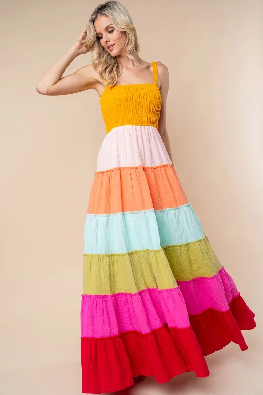 Roxy - Color Block Tiered Smocked-Top Maxi Dress Trendy V-Neck Maxi Dress