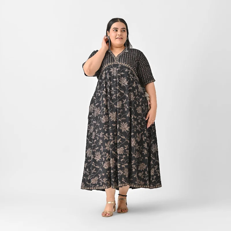 Black Rayon Bandhani Inspired Floral Maxi Dress (Plus) Comfortable Cotton Maxi Dress