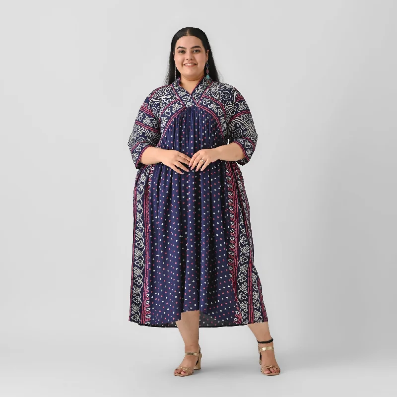 Indigo Rayon Bandhani V-Neck Gathered Maxi Dress (Plus) Elegant Lace-Up Maxi Dress