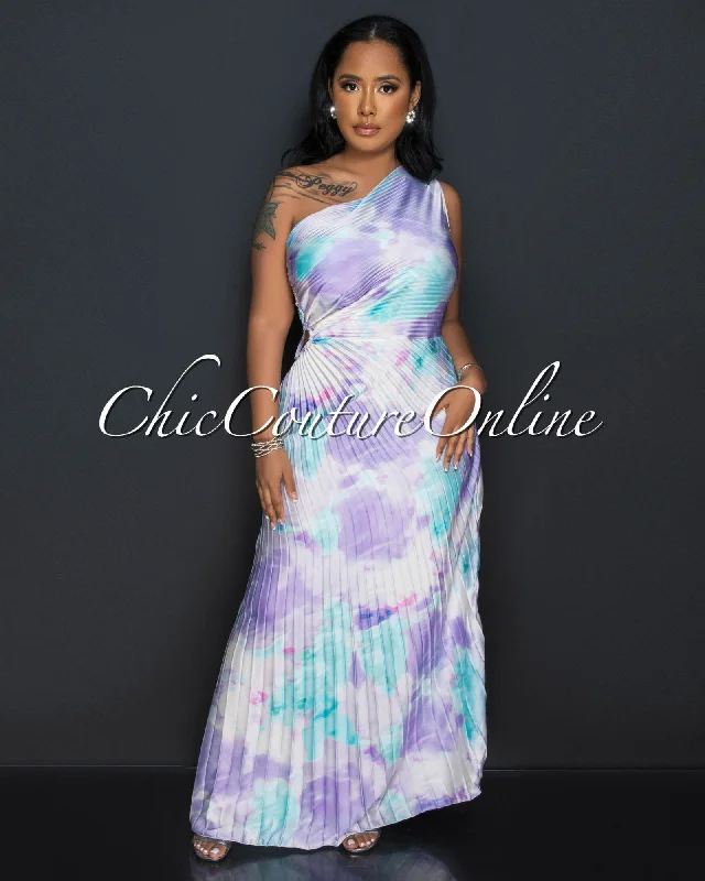 Sabia Lilac Aquamarine Pleated Single Shoulder Silky Maxi Dress Stylish Longline Maxi Dress