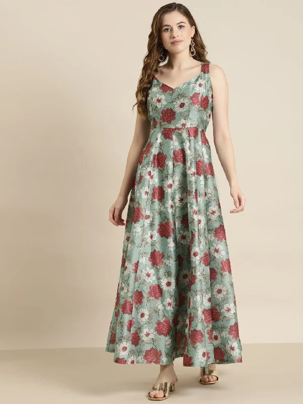 Sea Green Floral Sweetheart Anarkali Maxi Dress Elegant Maxi Dress with Slit