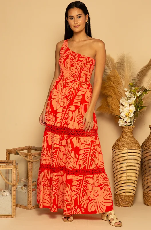 Shore Ozzy One Shoulder Maxi Dress - Coral Palms Classic A-Line Maxi Dress