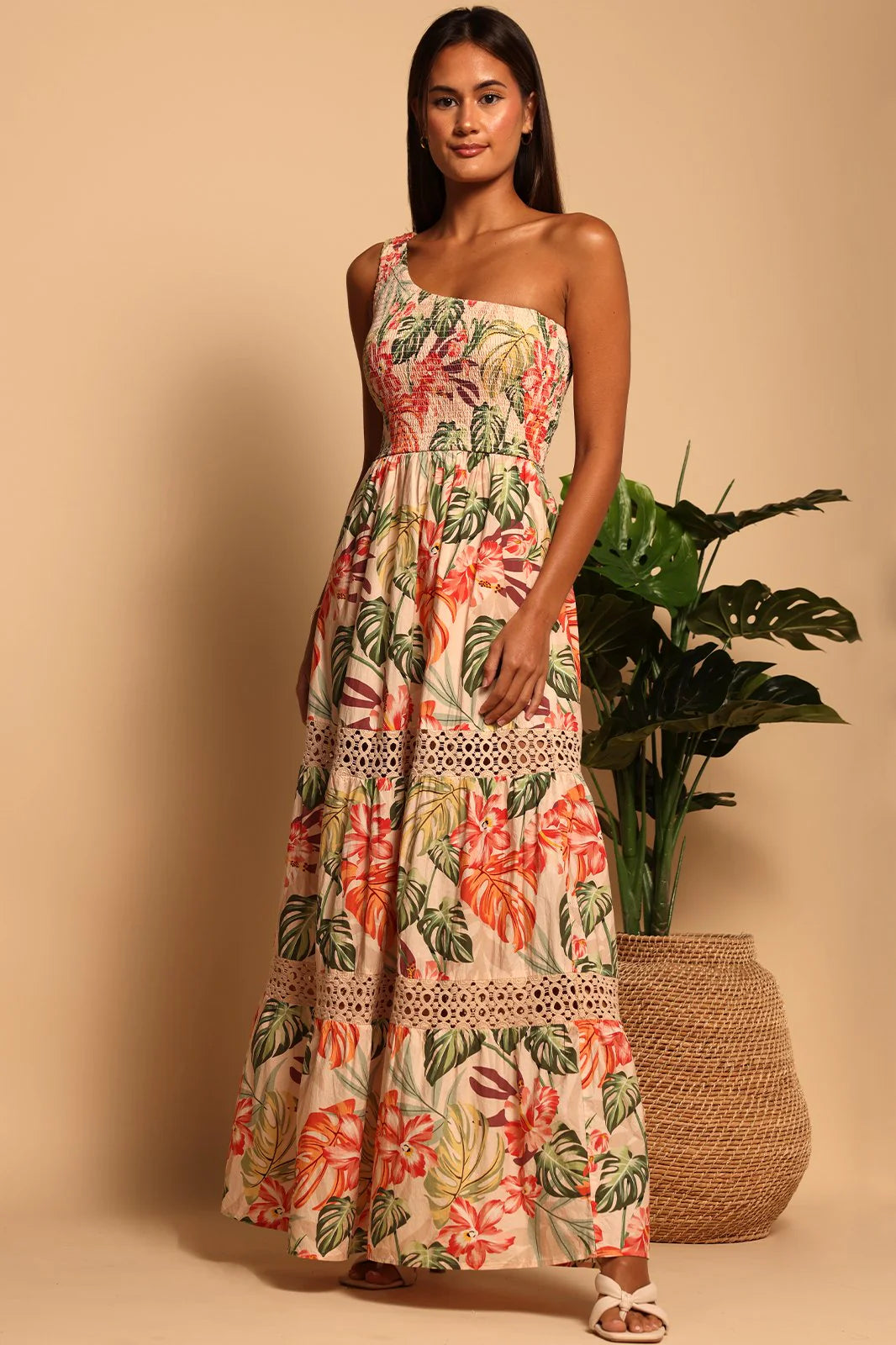 Shore Ozzy One Shoulder Maxi Dress - Jungle Harmony Cozy Maxi Dress with Slit