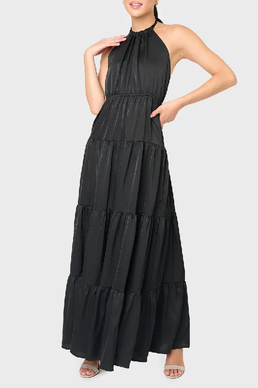 Silky Tie Back Halter Maxi Dress Fashionable Button-Down Maxi Dress