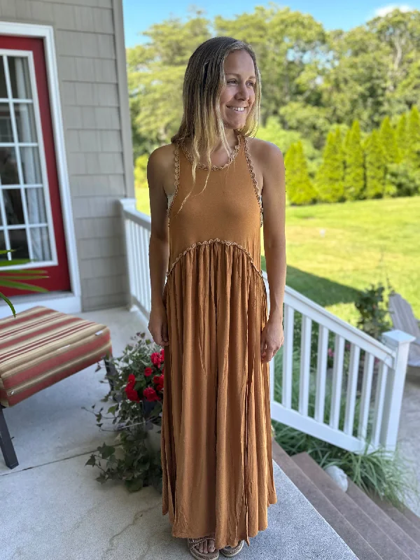 Sleeveless Boho Maxi Dress in Toffee Cozy Maxi Dress with Slit