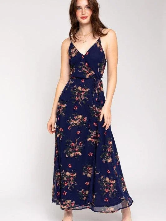 Soft Navy Floral Wrap Maxi Dress Elegant Boho Maxi Dress