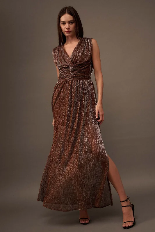 Star Treatment Gathered Shimmer Maxi Dress Chic Sleeveless Maxi Dress