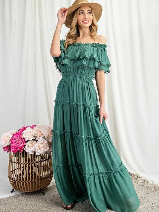 Summertime Ruffles Off the Shoulder Maxi Dress Comfortable Plunging Neckline Maxi Dress