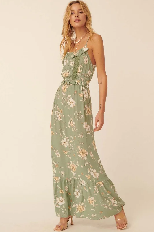 Thinking of You Ruffled Floral Maxi Dress Fashionable Open-Back Maxi Dress