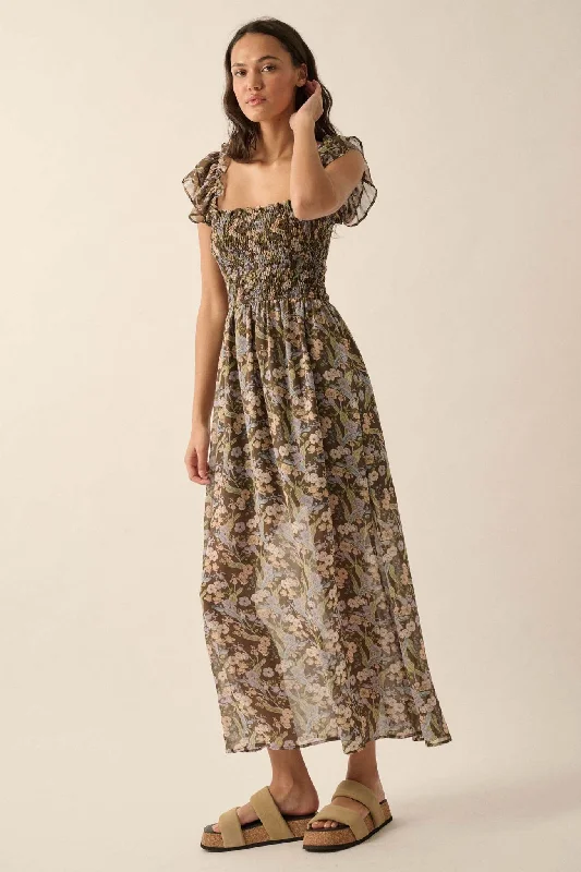 Timeless Grace Smocked Floral Chiffon Maxi Dress Elegant Silk Maxi Dress