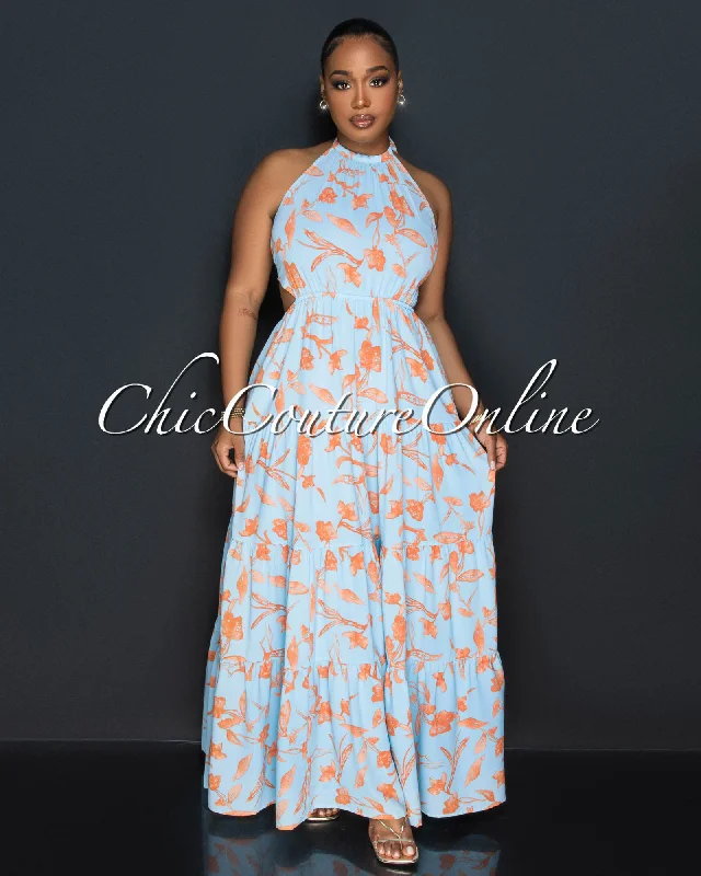 Trevor Baby Blue Orange Halter Maxi Dress Comfortable Bohemian Maxi Dress