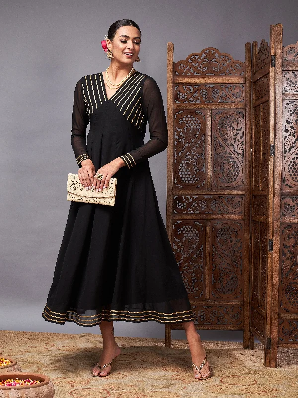 Women Black Gota Lace Detail Anarkali Maxi Dress Trendy Maxi Dress with Straps