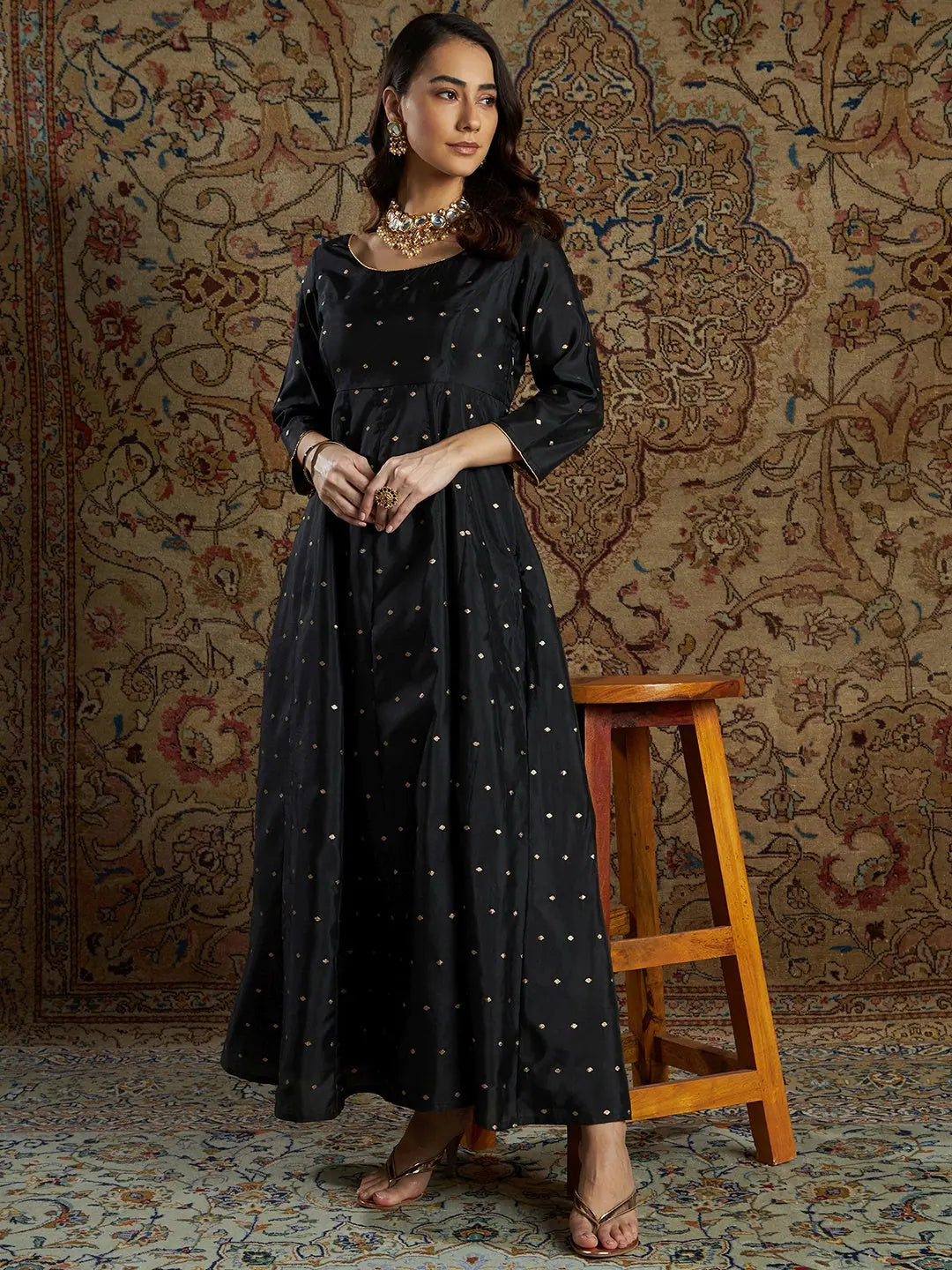 Women Black Jacquard Anarkali Maxi Dress Trendy A-Line Maxi Dress