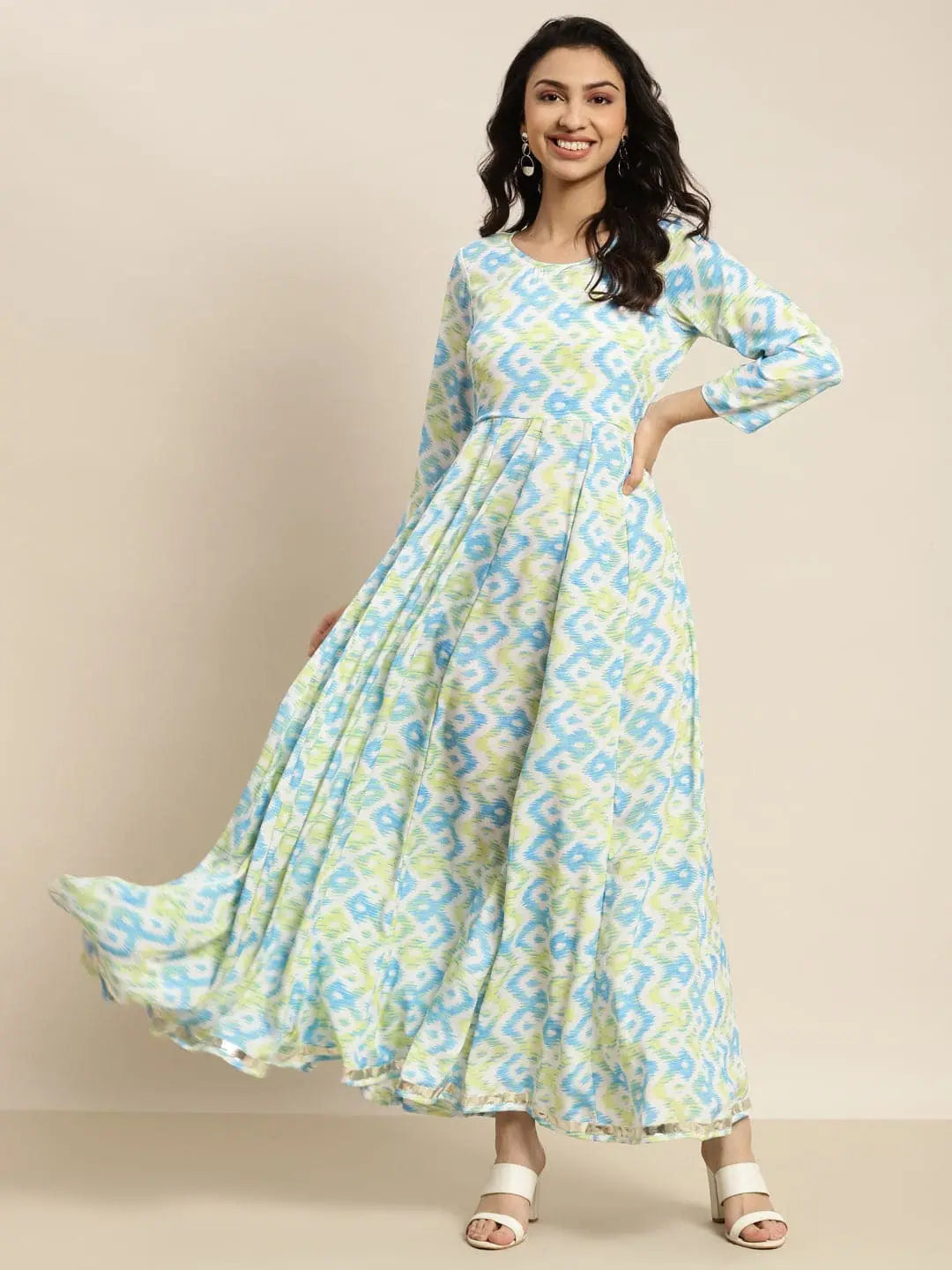 Women Blue & Green Ikat Anarkali Maxi Dress Elegant Tiered Maxi Dress