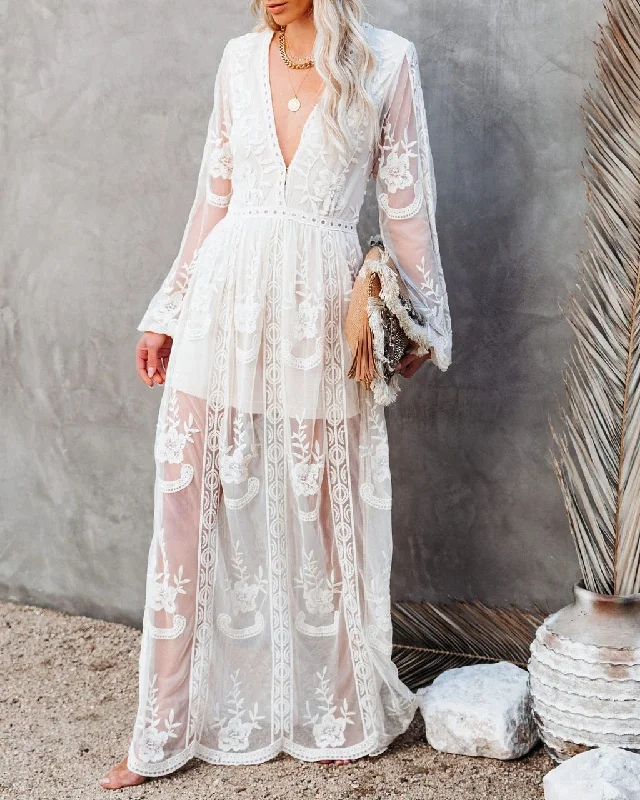 Female Summer Lace Floral Embroidery V-Neck Long Sleeve Street Maxi Dress Classic Strapless Maxi Dress