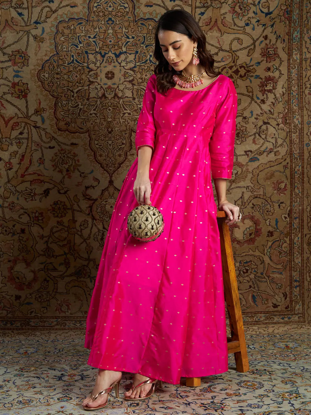 Women Fuchsia Jacquard Anarkali Maxi Dress Comfortable Bohemian Maxi Dress