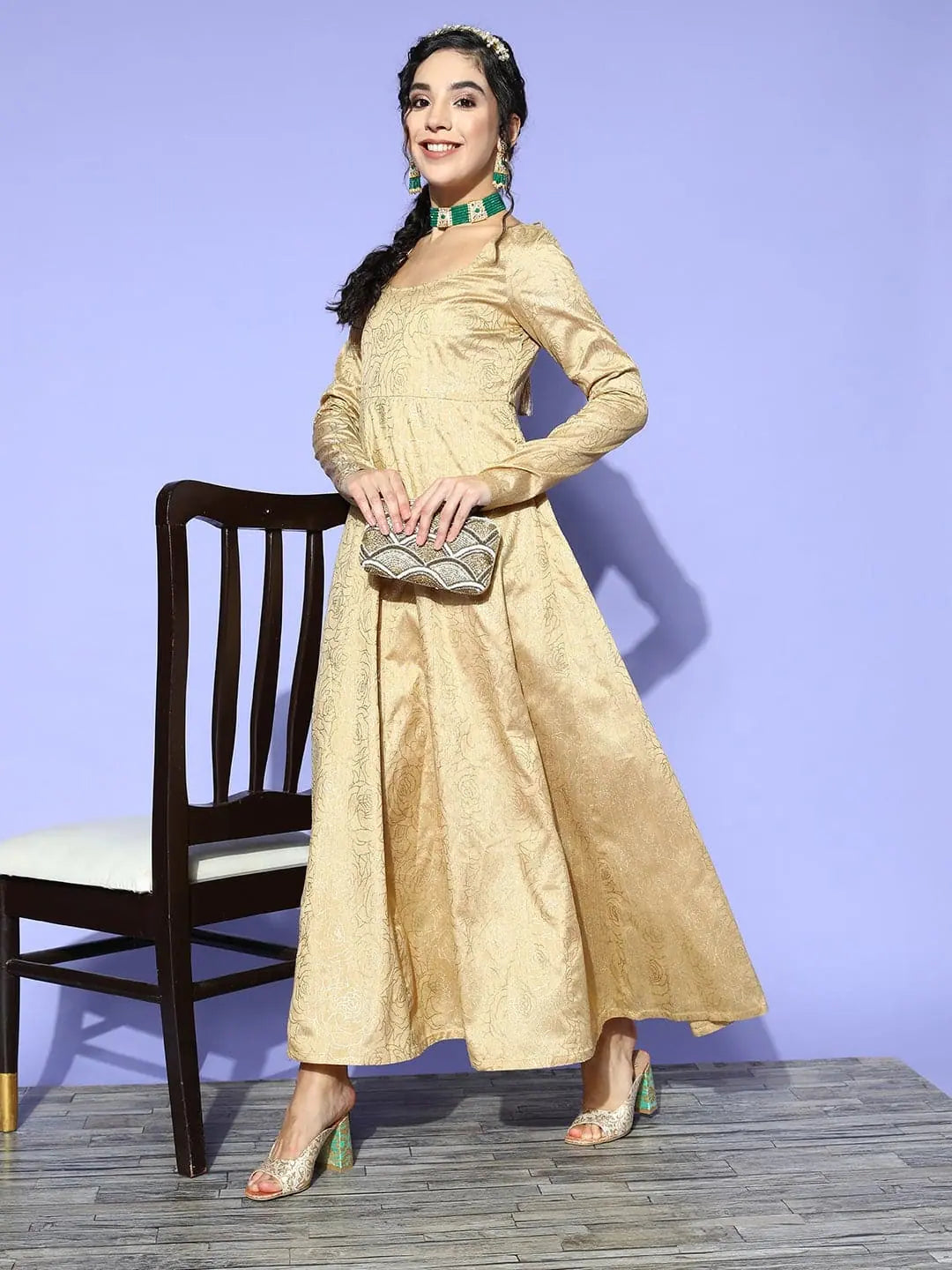 Women Gold Chanderi Foil Anarkali Maxi Dress Cozy Ruffle Sleeve Maxi Dress