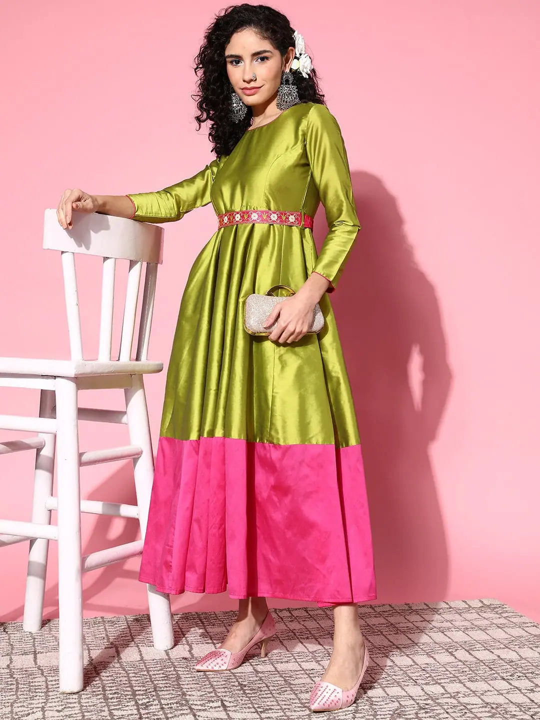 Women Green Contrast Border Anarkali Maxi Dress Comfortable T-Shirt Maxi Dress