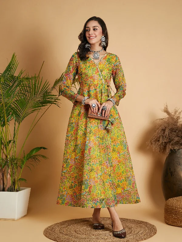 Women Lemon Yellow Floral Anarkali Maxi Dress Comfortable Satin Maxi Dress