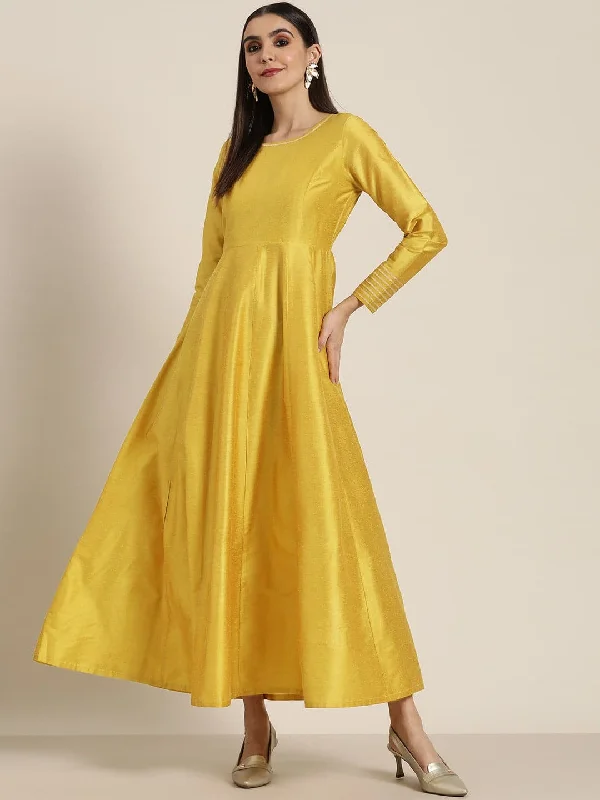 Women Mustard Gota Detail Anarkali Maxi Dress Comfortable Satin Maxi Dress