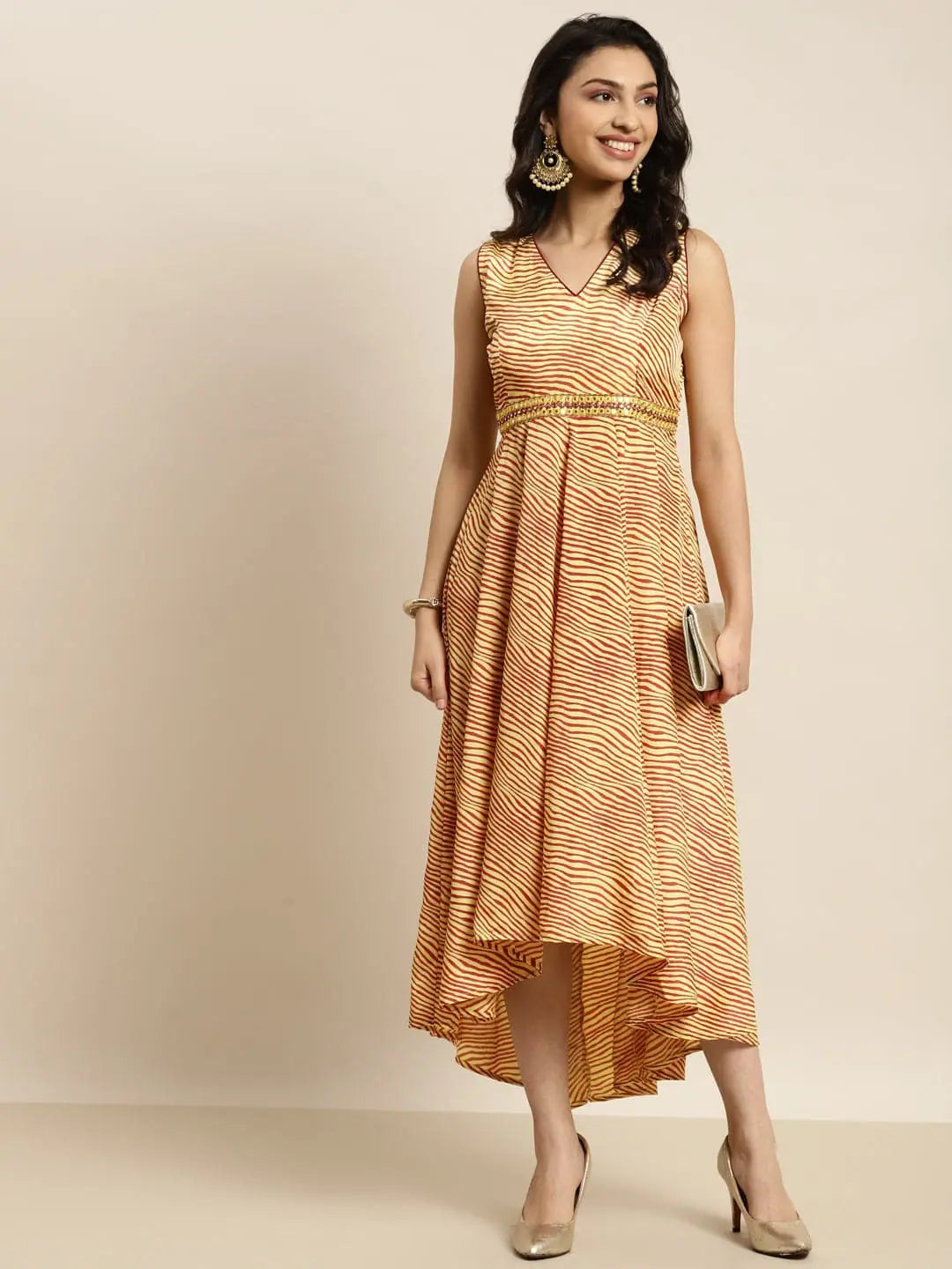 Women Mustard Lehariya High Low Anarkali Maxi Dress Classic Strapless Maxi Dress