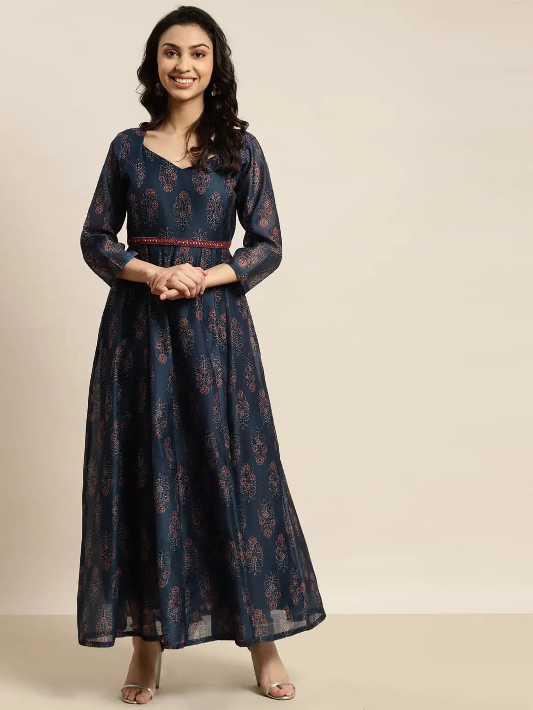 Women Navy Chanderi Floral Anarkali Maxi Dress Comfortable Maxi Dress with Sleeves