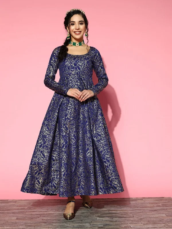 Women Navy Chanderi Foil Anarkali Maxi Dress Comfortable Ruffle Hem Maxi Dress