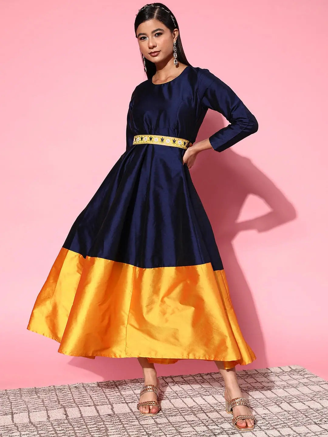 Women Navy Contrast Border Anarkali Maxi Dress Elegant Maxi Dress with Ruffles