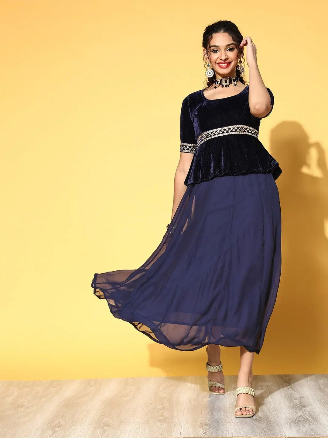 Women Navy Embroidered Peplum Anarkali Maxi Dress Elegant Pleated Maxi Dress