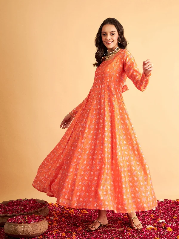 Women Orange Floral Round Neck Anarkali Maxi Dress Comfortable Fit-and-Flare Maxi Dress