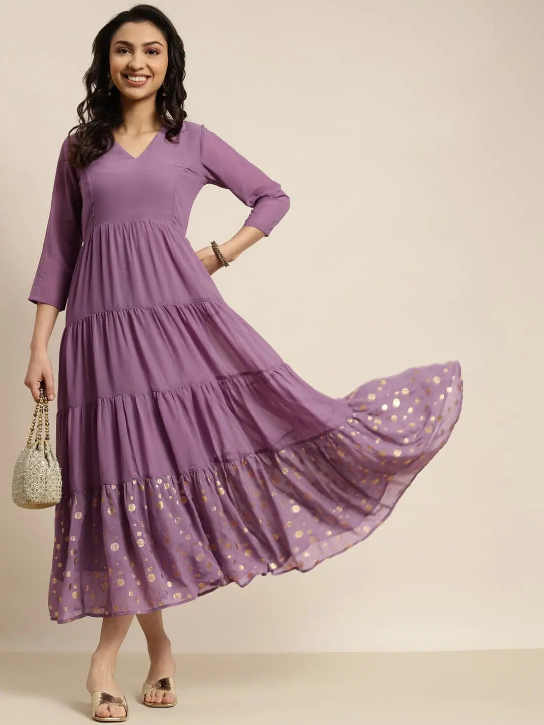 Women Purple Foil Print Tiered Maxi Dress Cozy Longline Maxi Dress