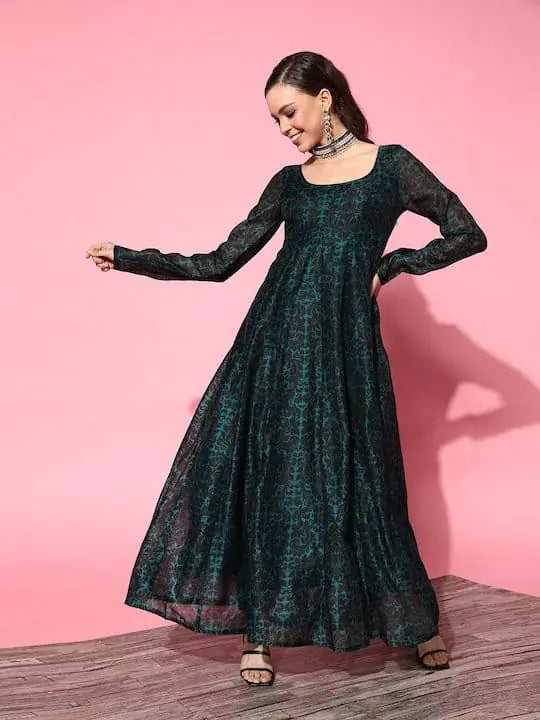 Women Teal Chanderi Floral Anarkali Maxi Dress Cozy Wrap Maxi Dress