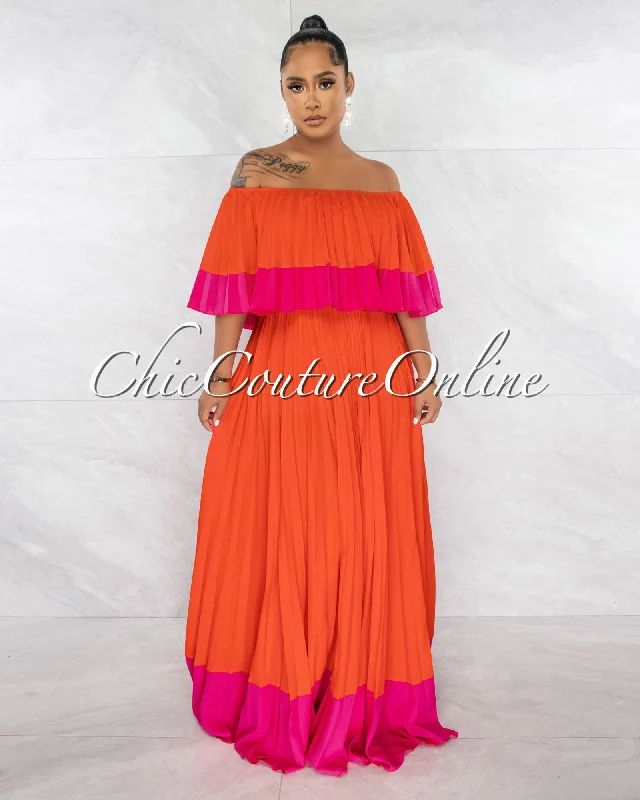 Xandy Tomato Fuchsia Off-The Shoulders Ruffle Maxi Dress Elegant Velvet Maxi Dress