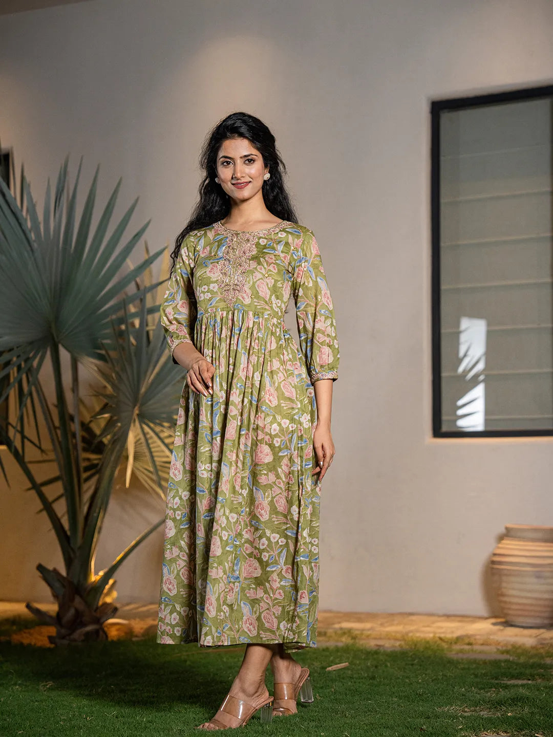 Green Pure Cotton Dori Embroidery Maxi Dress Classic Solid Maxi Dress