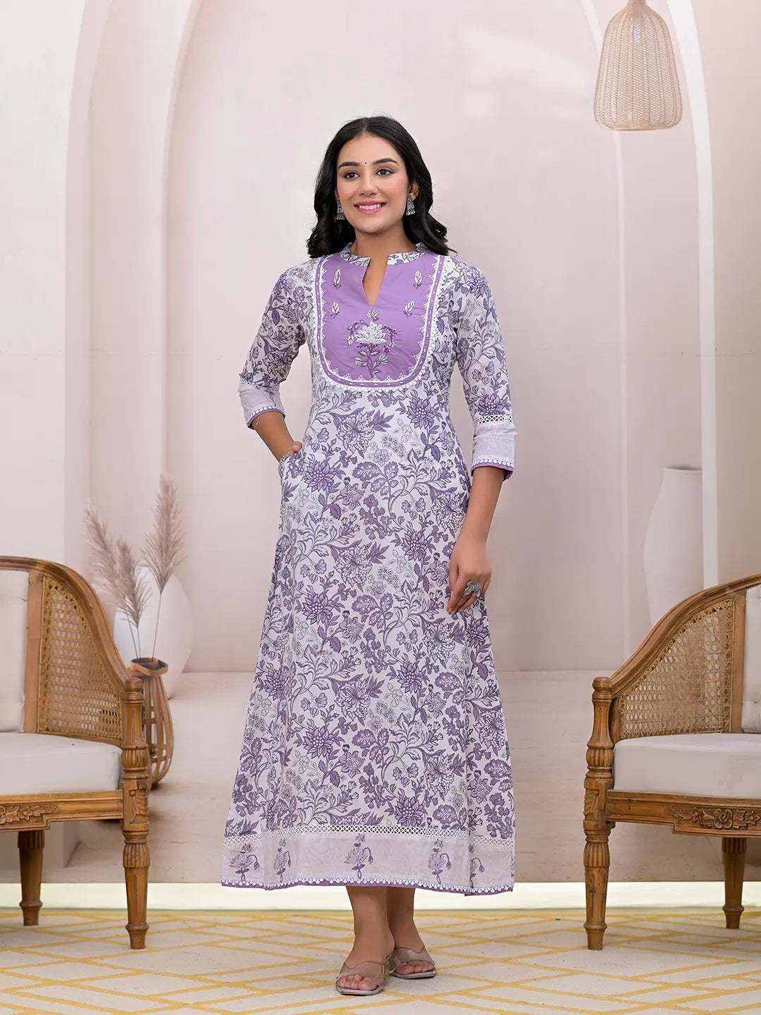 Purple Cotton Resham Embroidery Cotton A-Liine Maxi Dress Elegant Silk Maxi Dress