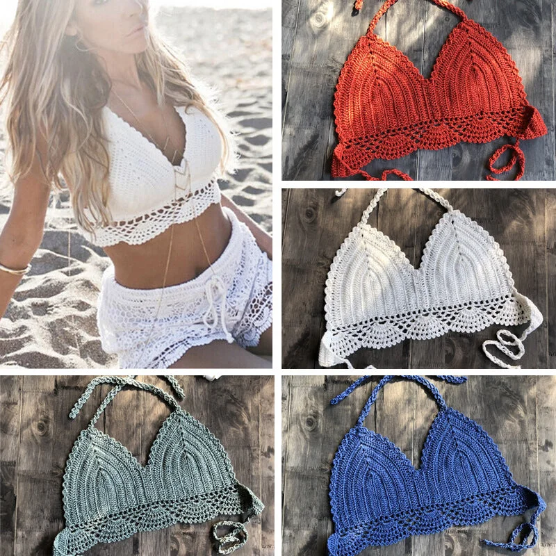 2019 New Bikini Top Handmade Crochet Women Boho Beach Bralette Solid Halter Knitted Swimsuit Brazilian Bikinis Bathing Suit Top Trendy Swimwear Set