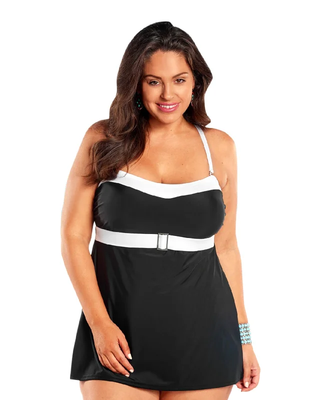 Always For Me Black and White Plus Size Selene Swimdress Strap Bikini Set