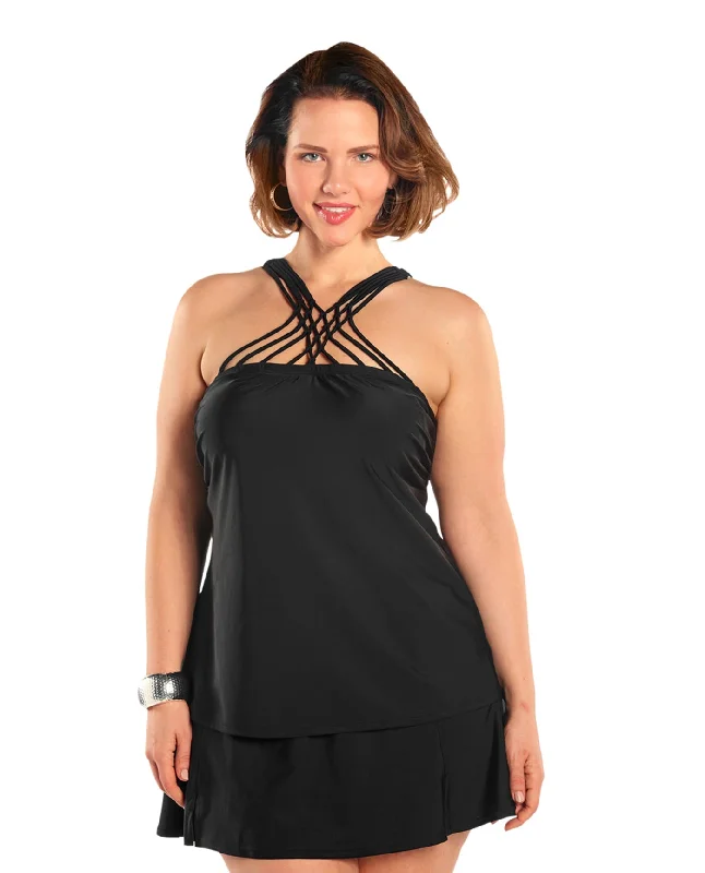 Always For Me Black Plus Size Siren Tankini Top with Matching Tankini Bottom Flirty Ruffle Swimsuit