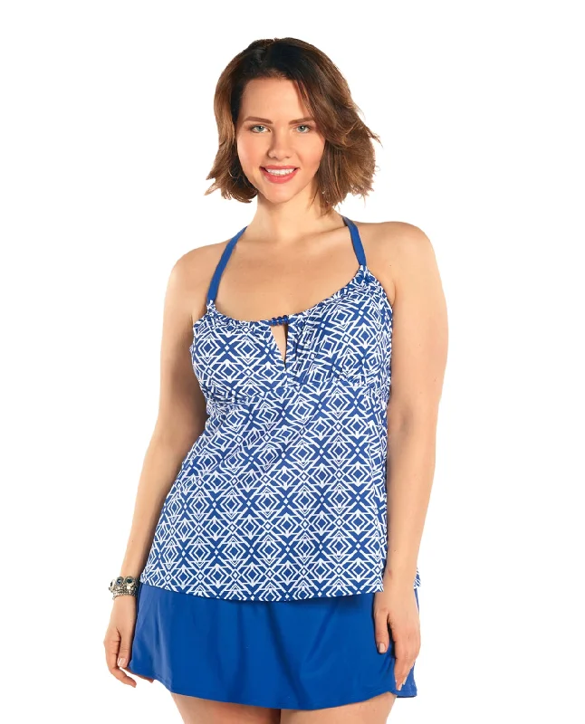 Always For Me Blue and White Plus Size Aegean Tankini Top with Matching Swim Skirt Stylish Swimsuit Set