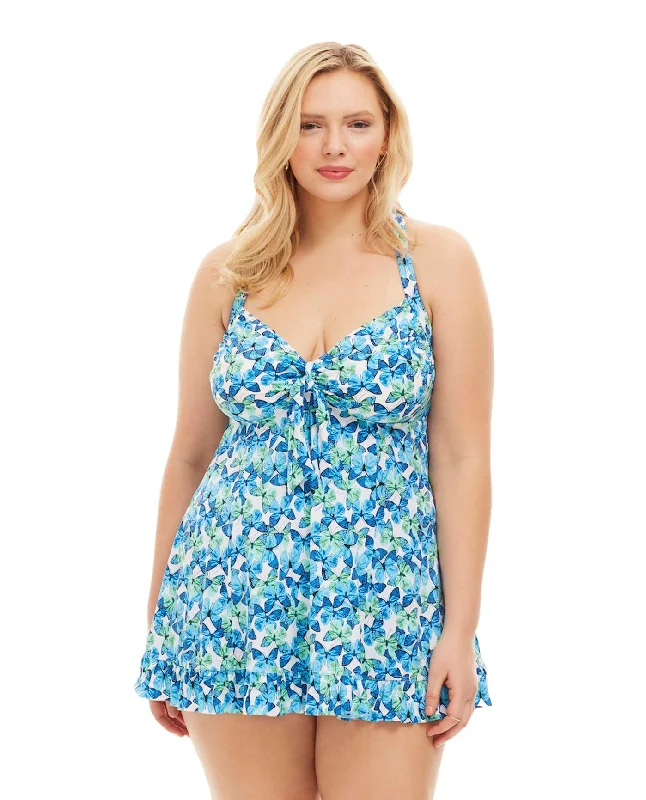 Always For Me by Fit 4U Blue Plus Size Two Piece Flutter Swimdress Set Elegant Ruffled Bikini