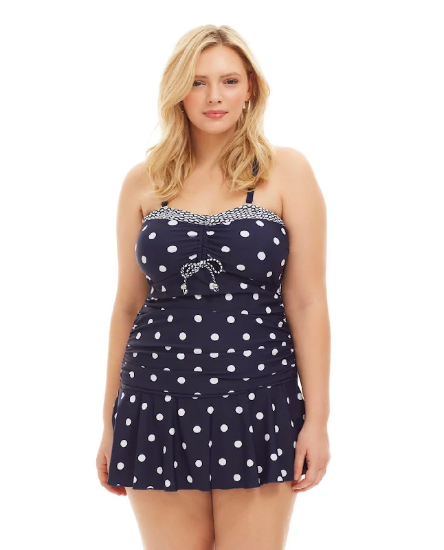 Always For Me Navy and White Dots Plus Size Daphne Bandeau Strapless Tie Front Shirred Swimdress Comfortable Swim Dress